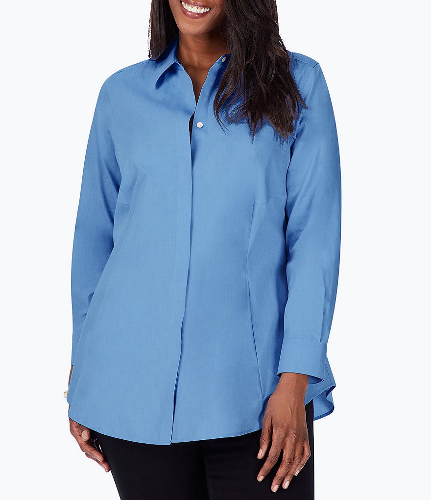 Foxcroft Plus Size Cici Solid Non-Iron Pinpoint Oxford Long Sleeve Point Collar Button Front Tunic