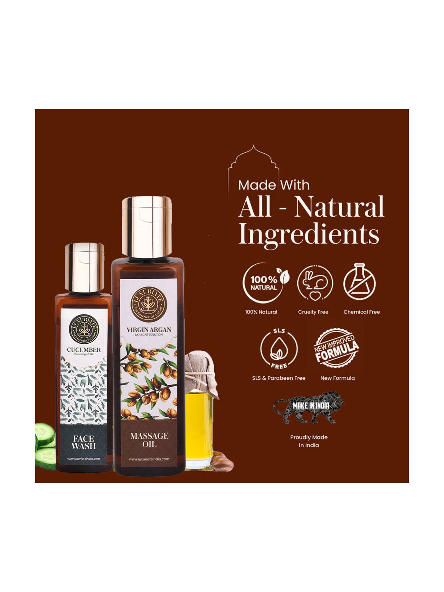 Luxuriate Virgin Argan Massage Oil and Cucumber Herbal Cleansing Face Wash Combo