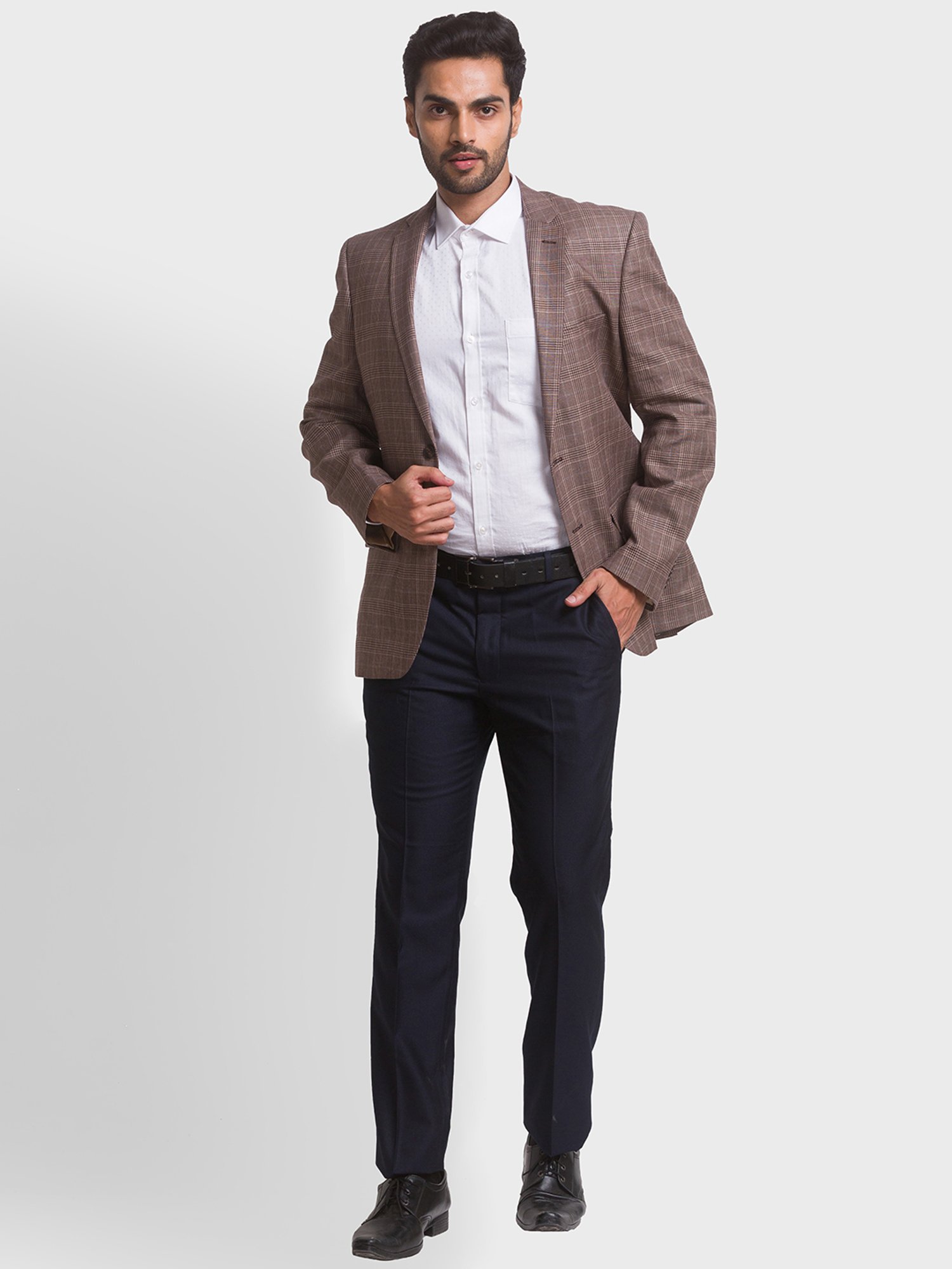 ColorPlus Brown Linen Regular Fit Checks Blazer