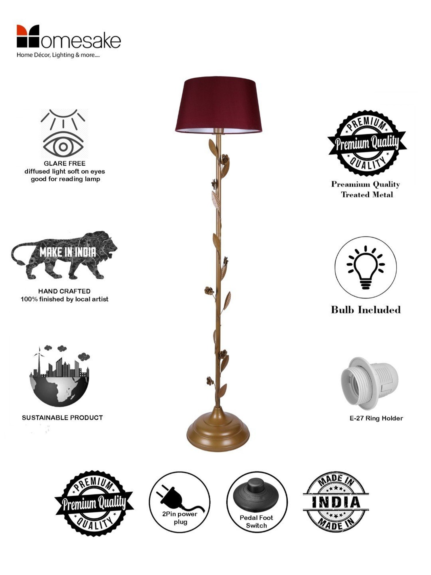 Homesake Red & Golden Metal Standing Floor Lamp with Bulb and Floor Switch (Iron Legs)