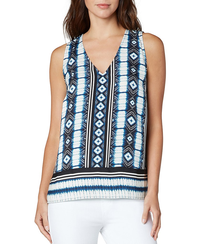 Liverpool Los Angeles Sleeveless Sateen V-Neck Side Slit Printed Top