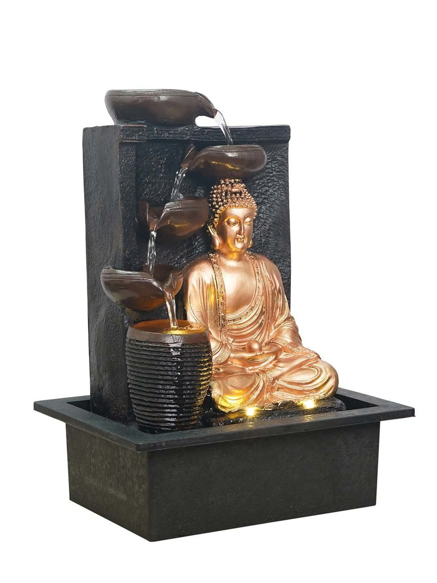 CHRONIKLE Golden Brown Polyresin Meditating Buddha 4 Steps Waterfall Fountain