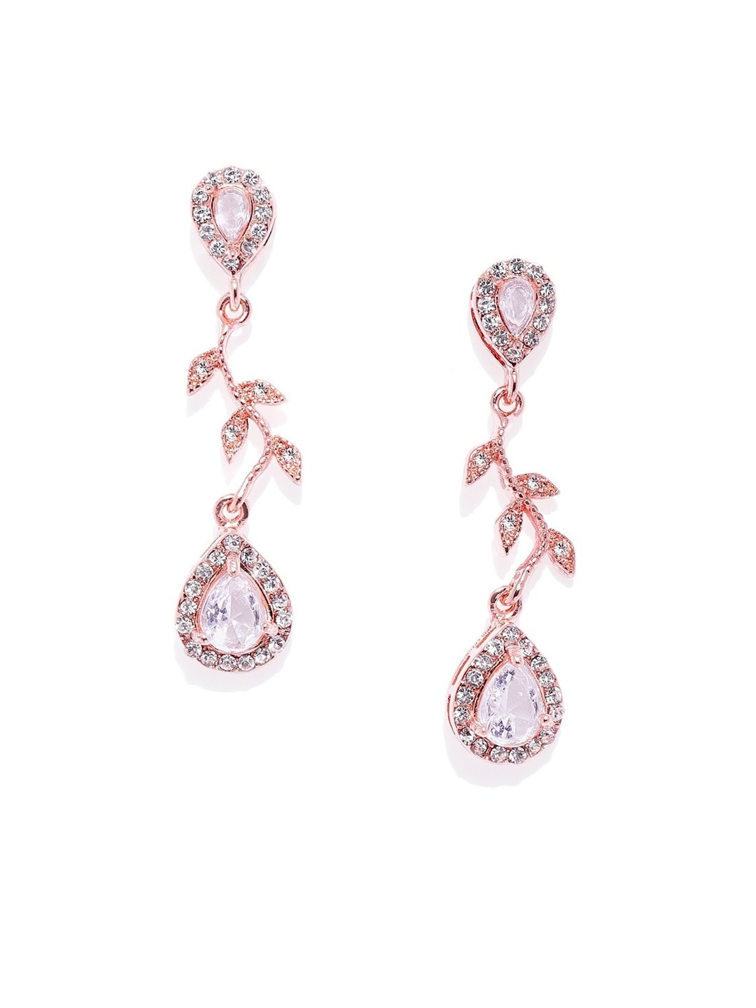 OOMPH Rose Golden Tone Floral Cubic Zirconia Office-Wear Fashion Drop Earrings for Women