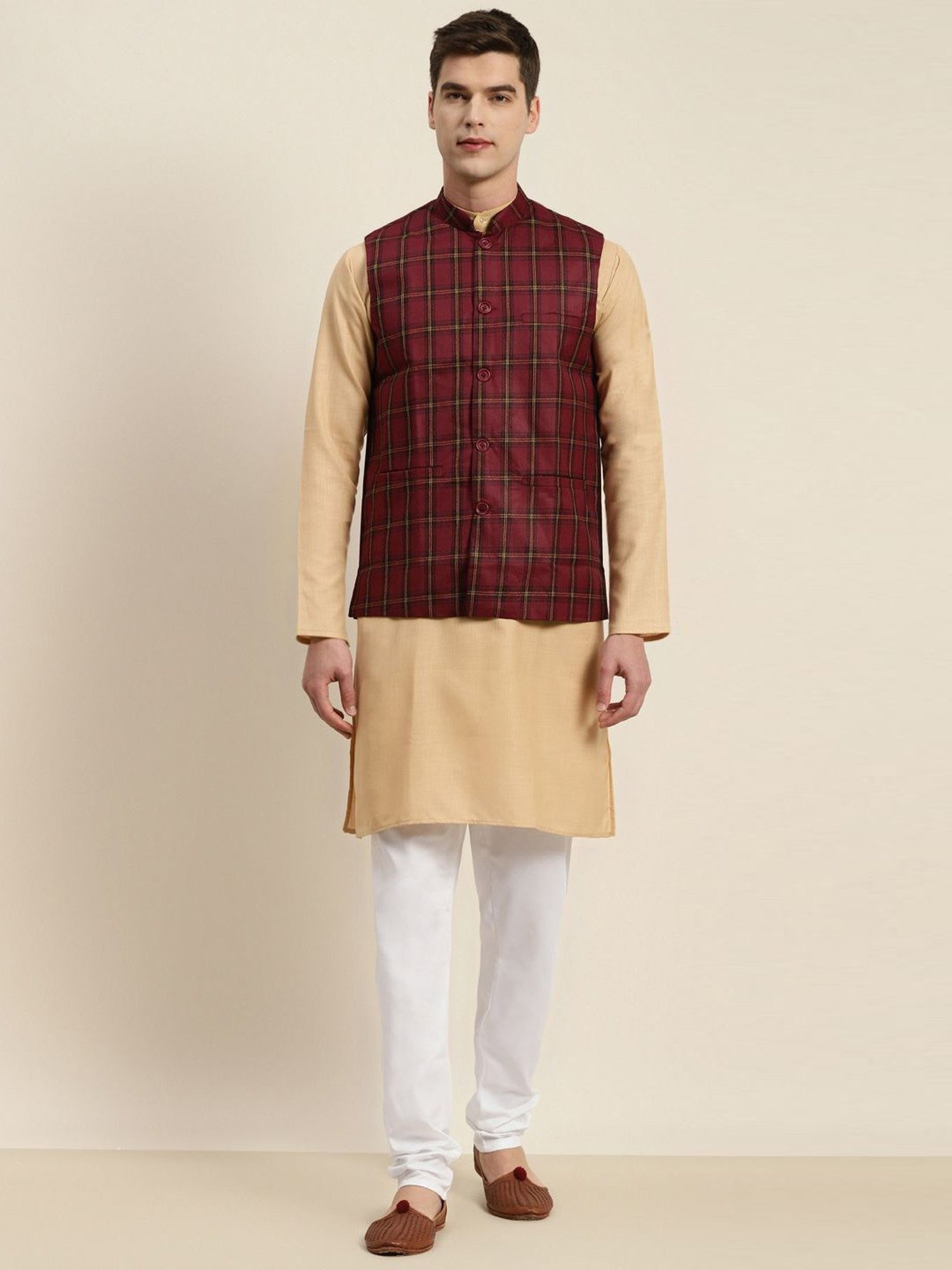 Sojanya Beige & Maroon Regular Fit Checks Kurta Set With Jacket