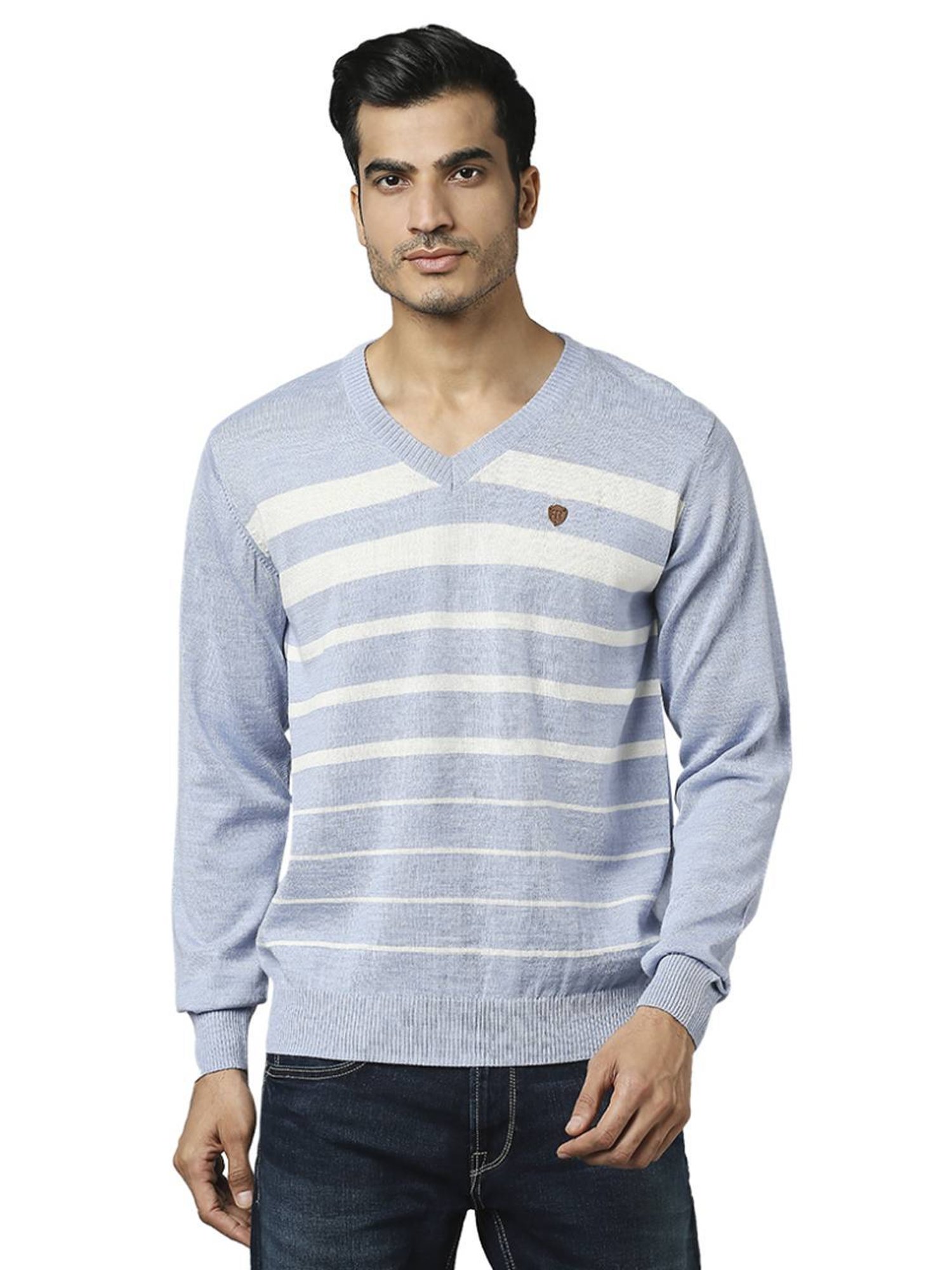 Raymond Blue  Regular Fit Striped Sweaters