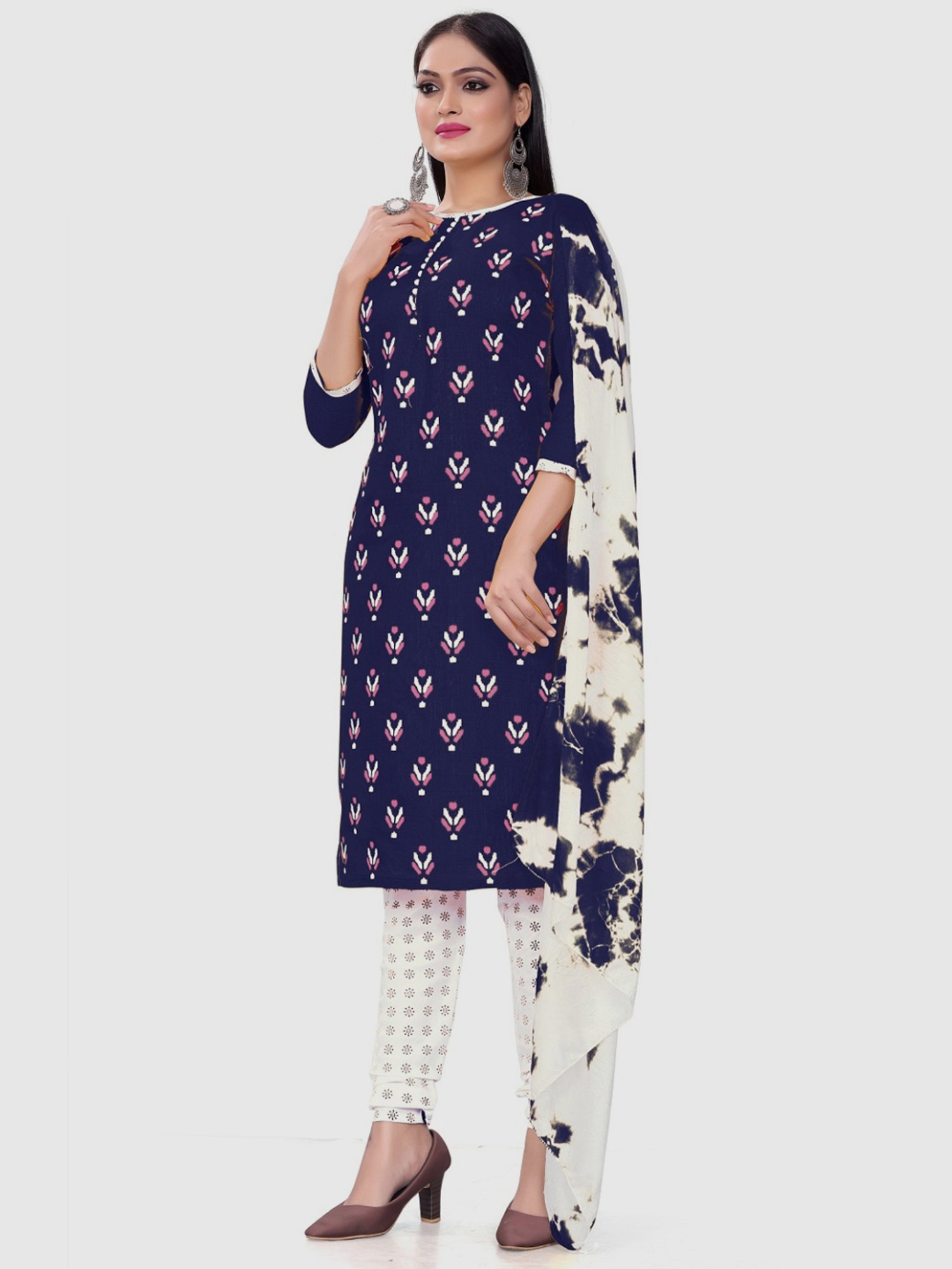 APNISHA Navy & White Cotton Printed Unstitched Dress Material