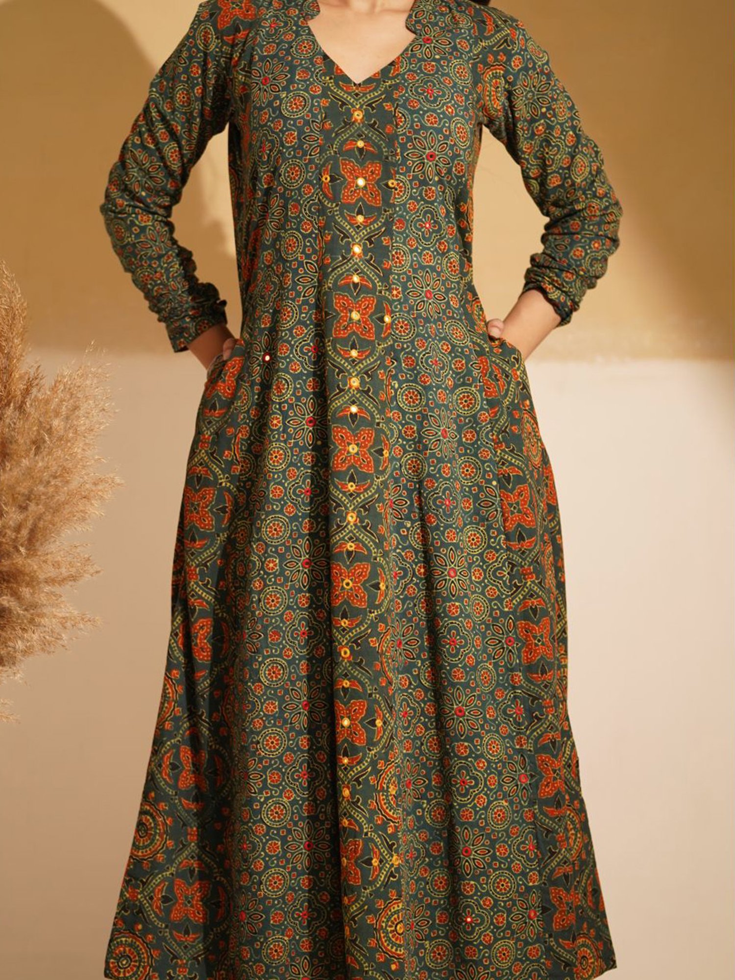 Love Chic Green Ajrakh Cotton Kalidaar Flare Kurta