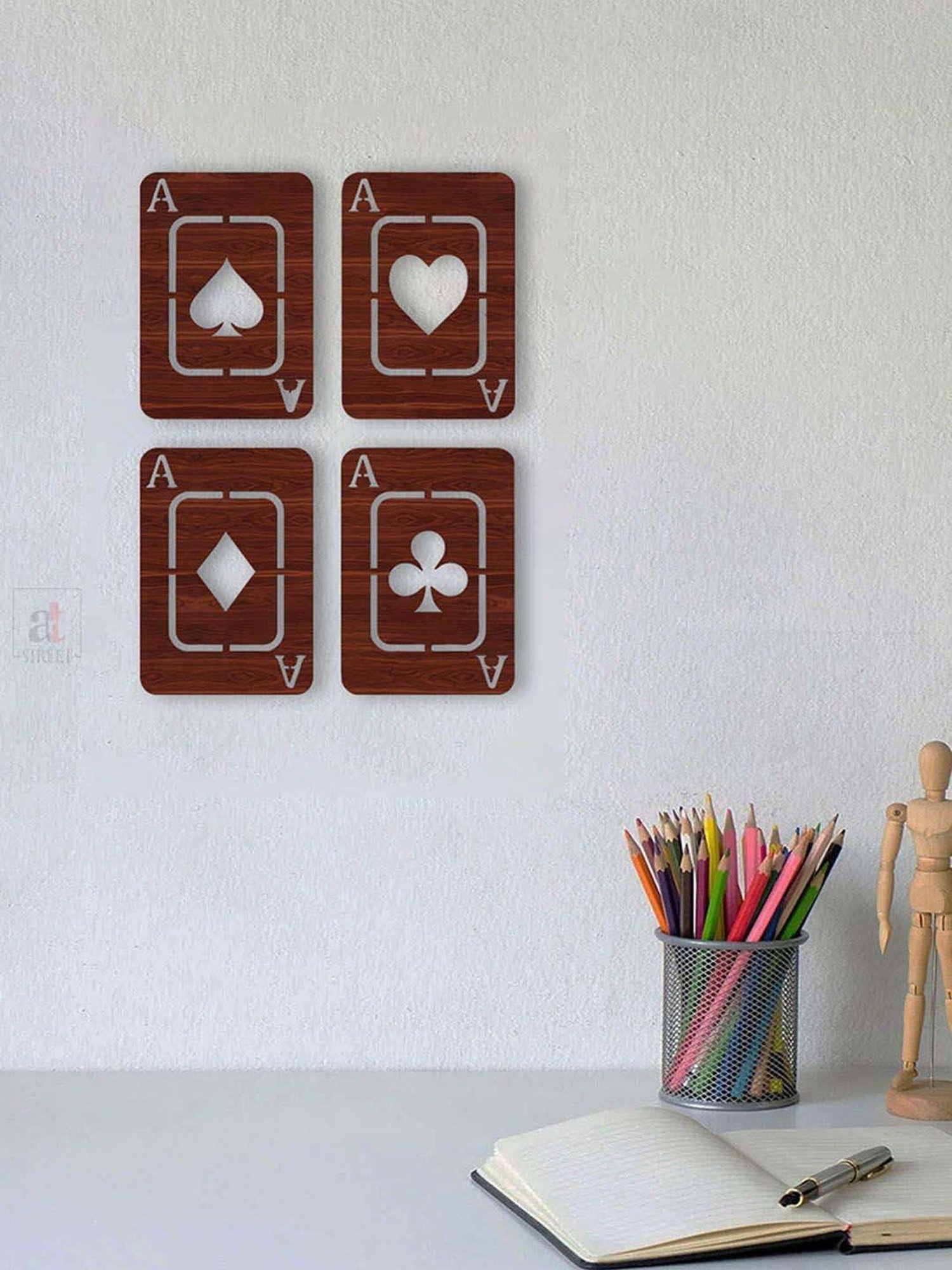 Art Street Four Suit Playing Card MDF Brown Wood Cutout Ready To Hang Wall Decor