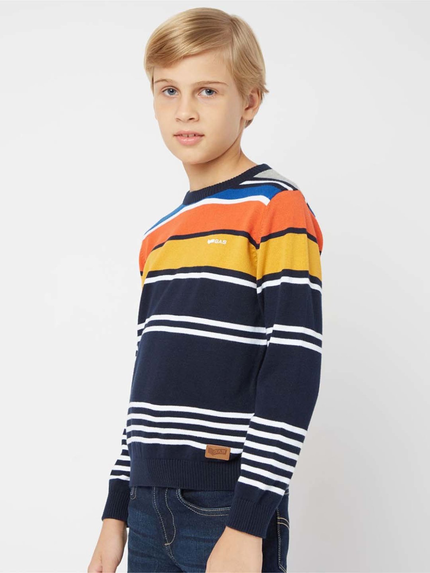 Gas Kids Multicolor Cotton Striped Full Sleeves Pullover Sweater