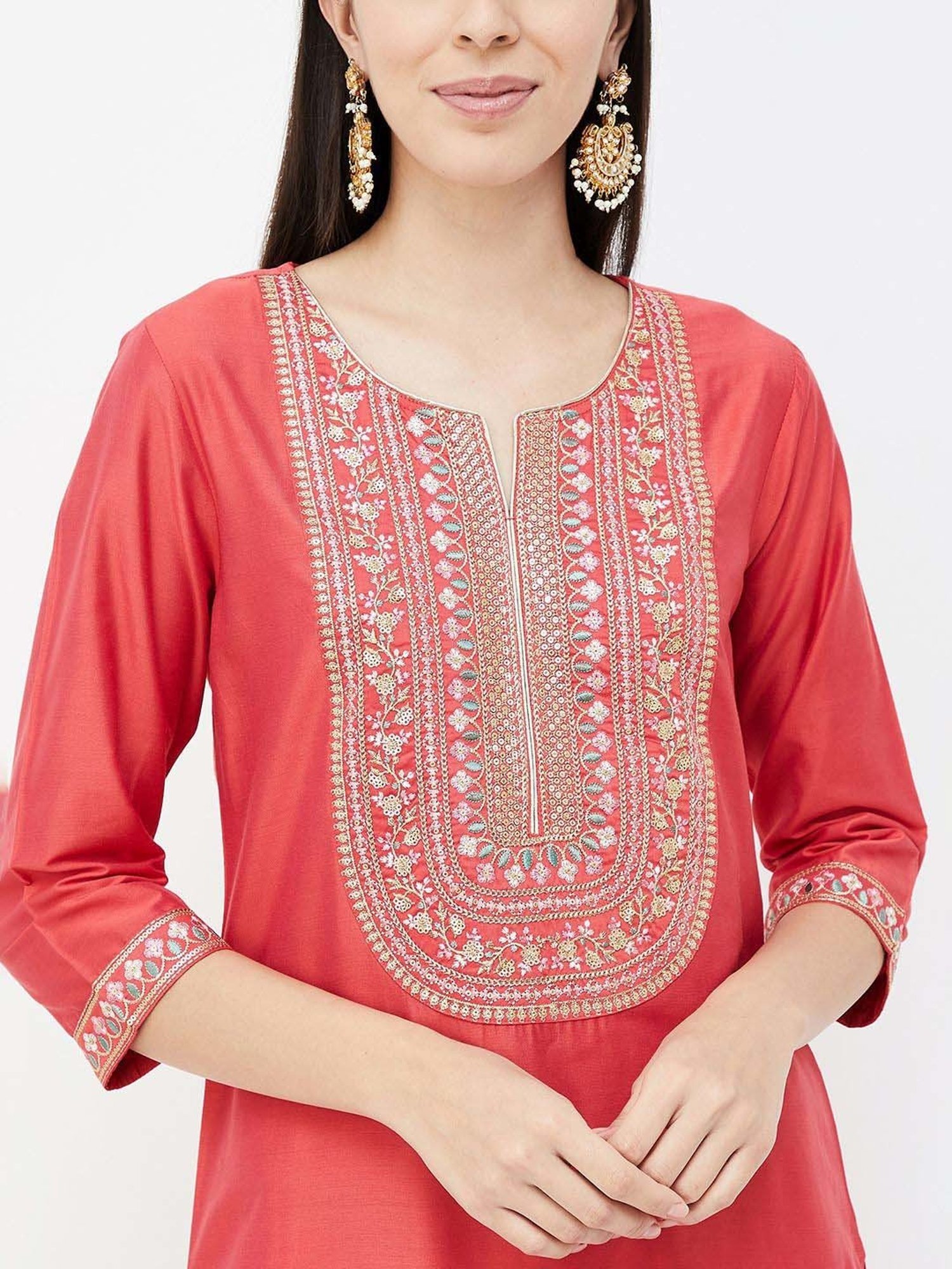 Melange by Lifestyle Red Embroidered Kurta Pant Set With Dupatta