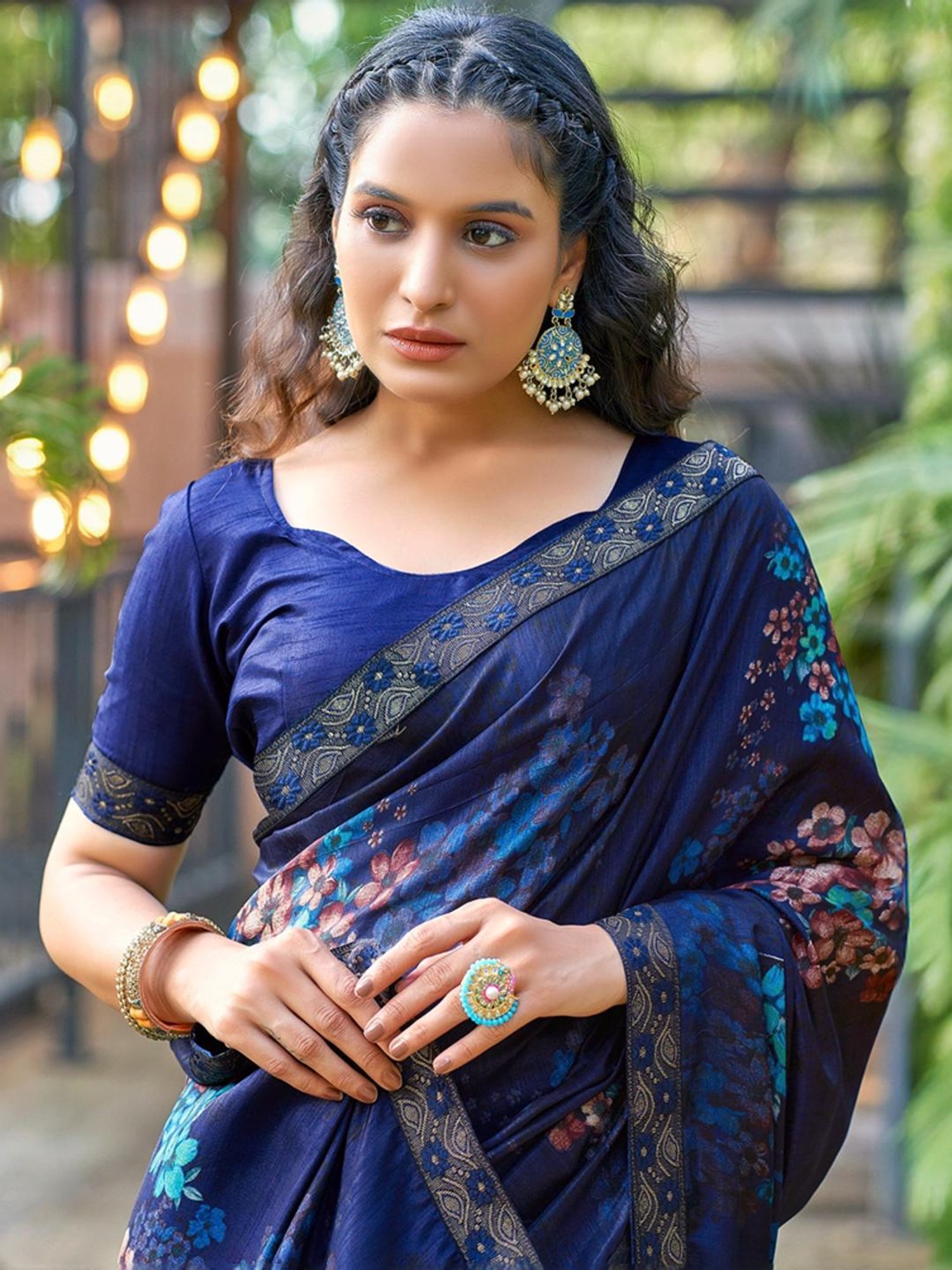 Satrani Navy Floral Print Saree With Unstitched Blouse