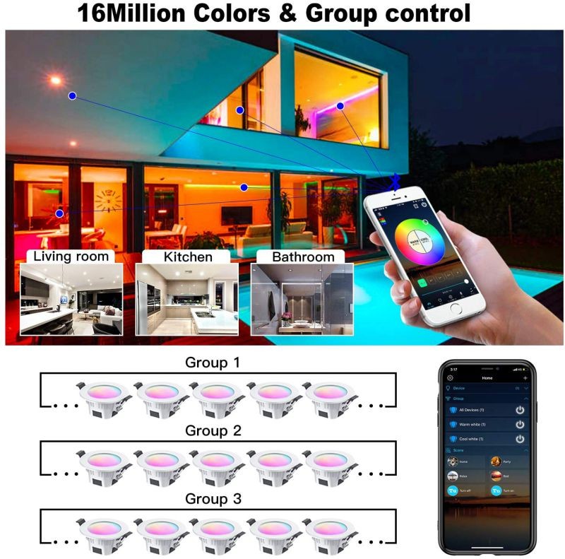 MagicLight Smart Retrofit 3 Inch 5 Watts E26 LED Recessed Can Lights, 5 in 1 RGBCW Dimmable Multicolor Bluetooth Mesh App Control Smart LED Downlight