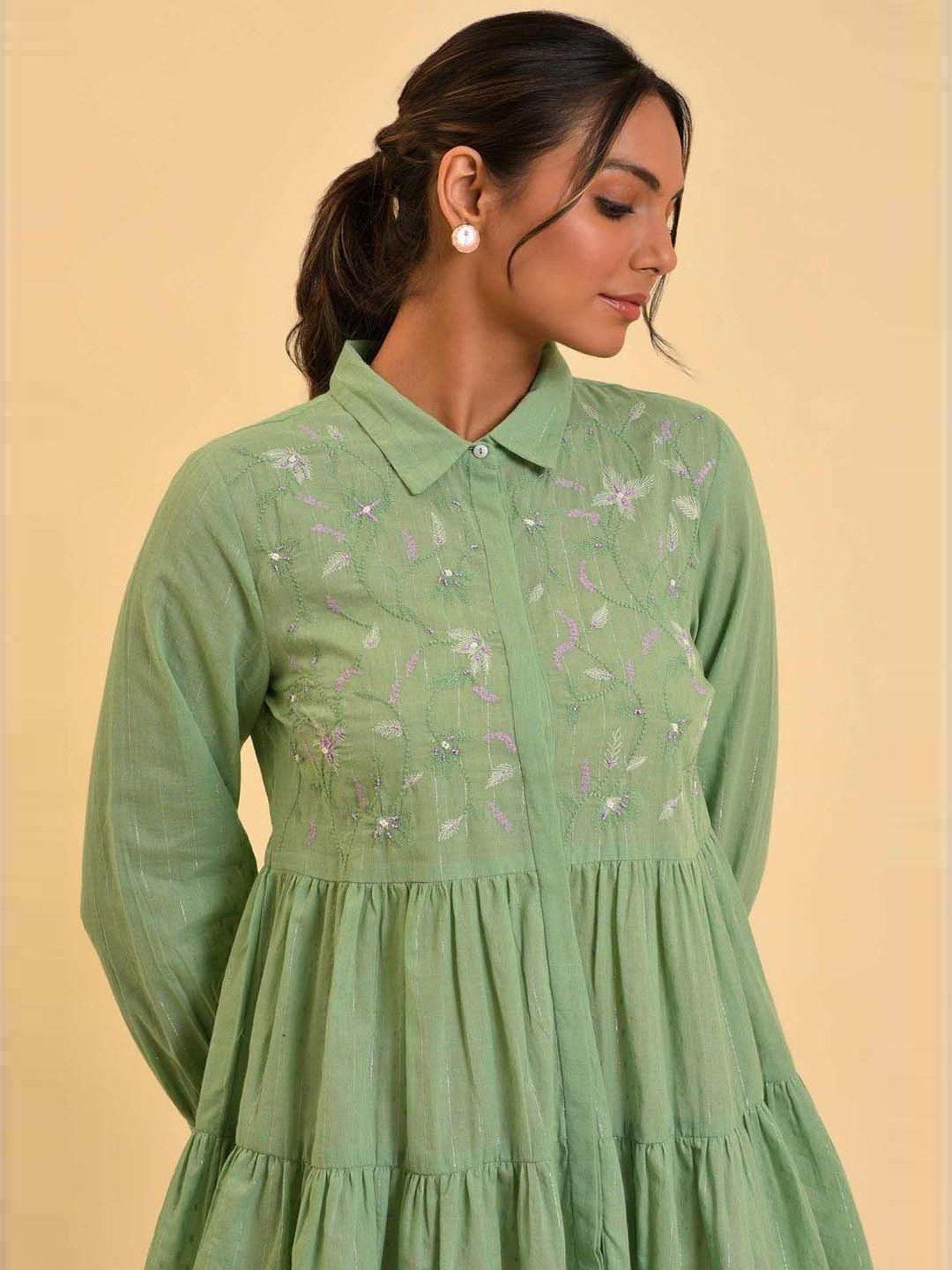 W Green Cotton Embroidered Top