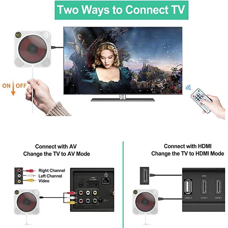 Rechargeable Portable CD Player with Bluetooth  Wall Mounted CD Player with Speaker with Remote Control and Dust Cover Also Support DVD VCD and More