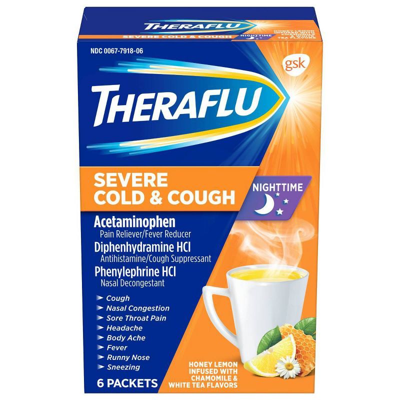 Theraflu Nighttime Severe Cold & Cough Relief Powder - Acetaminophen - Honey Lemon - 6ct