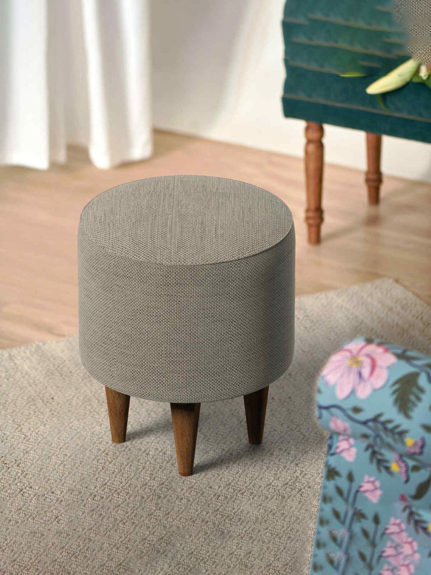 Chumbak French Bangalore Solid Grey Wood Ottoman