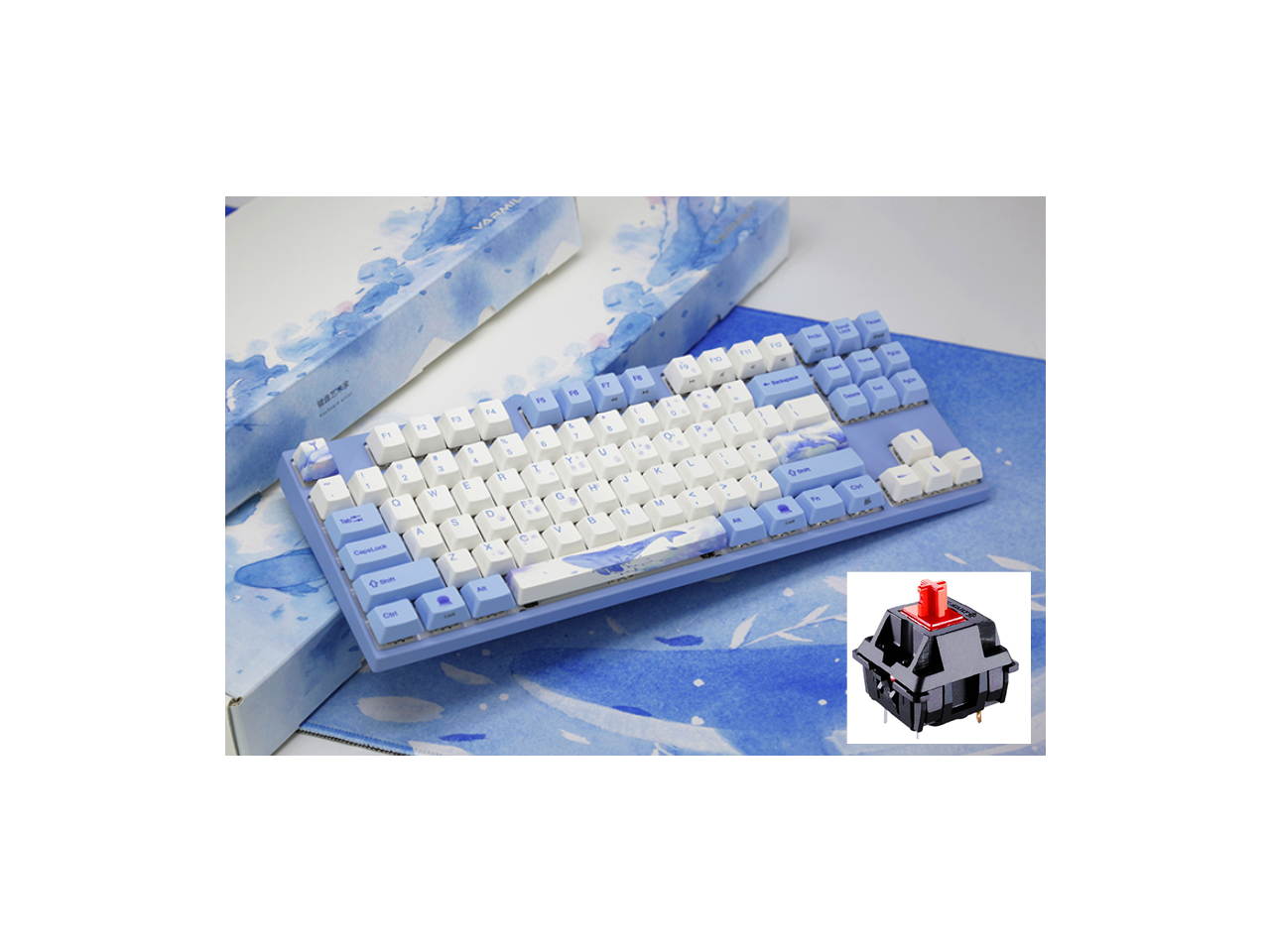 Varmilo Gaming 87 Key Cherry Red Mx Switches Blue Whale Theme White Keycaps and Blue Keycaps Dye Sublimation Printing Mechanical Gaming Keyboard MA87, PBT Keycaps