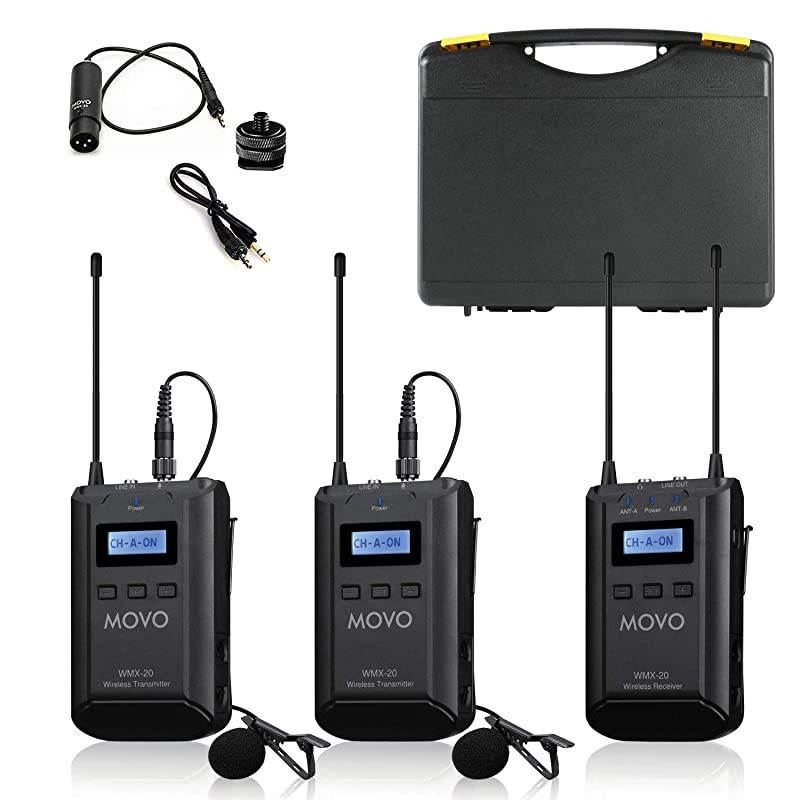 WMX20DUO 48Channel UHF Wireless Lavalier Microphone System with 1 Receiver 2 Transmitters and 2 Lapel Microphones Compatible with DSLR Cameras 330 ft Audio Range