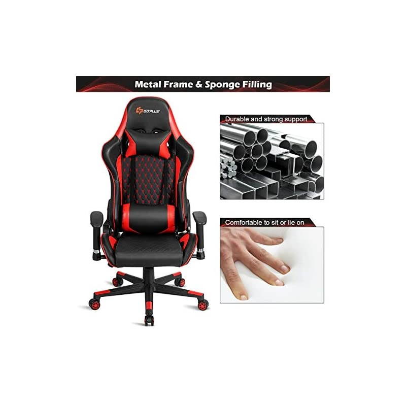 Massage Gaming Chair, Reclining Backrest Handrails and Seat Height Adjustment Racing Computer Office Chair, Ergonomic High Back Embroidered PU Swivel Game Chair with Headrest and Lumbar Cushion