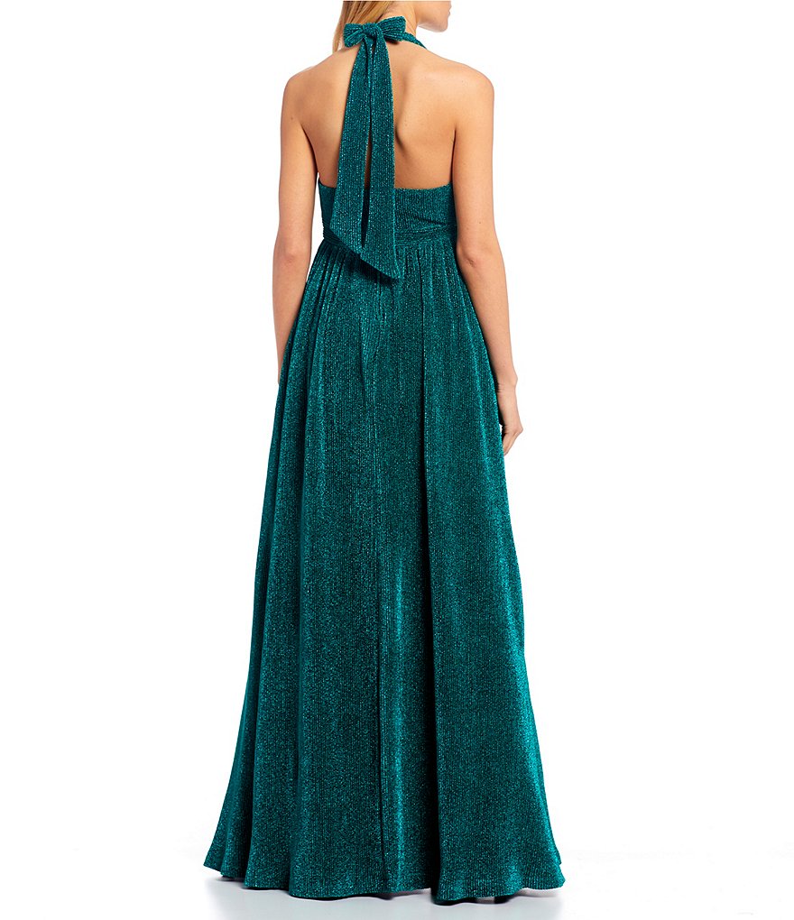 Dear Moon Pleated Metallic Knit Bow-Back Ball Gown