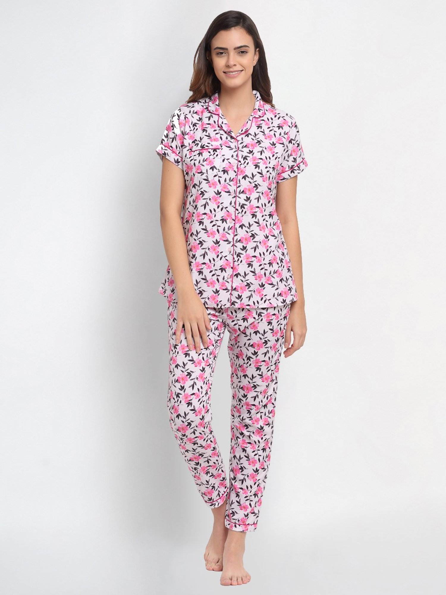 Erotissch Pink & Grey Floral Print Shirt Pyjama Set