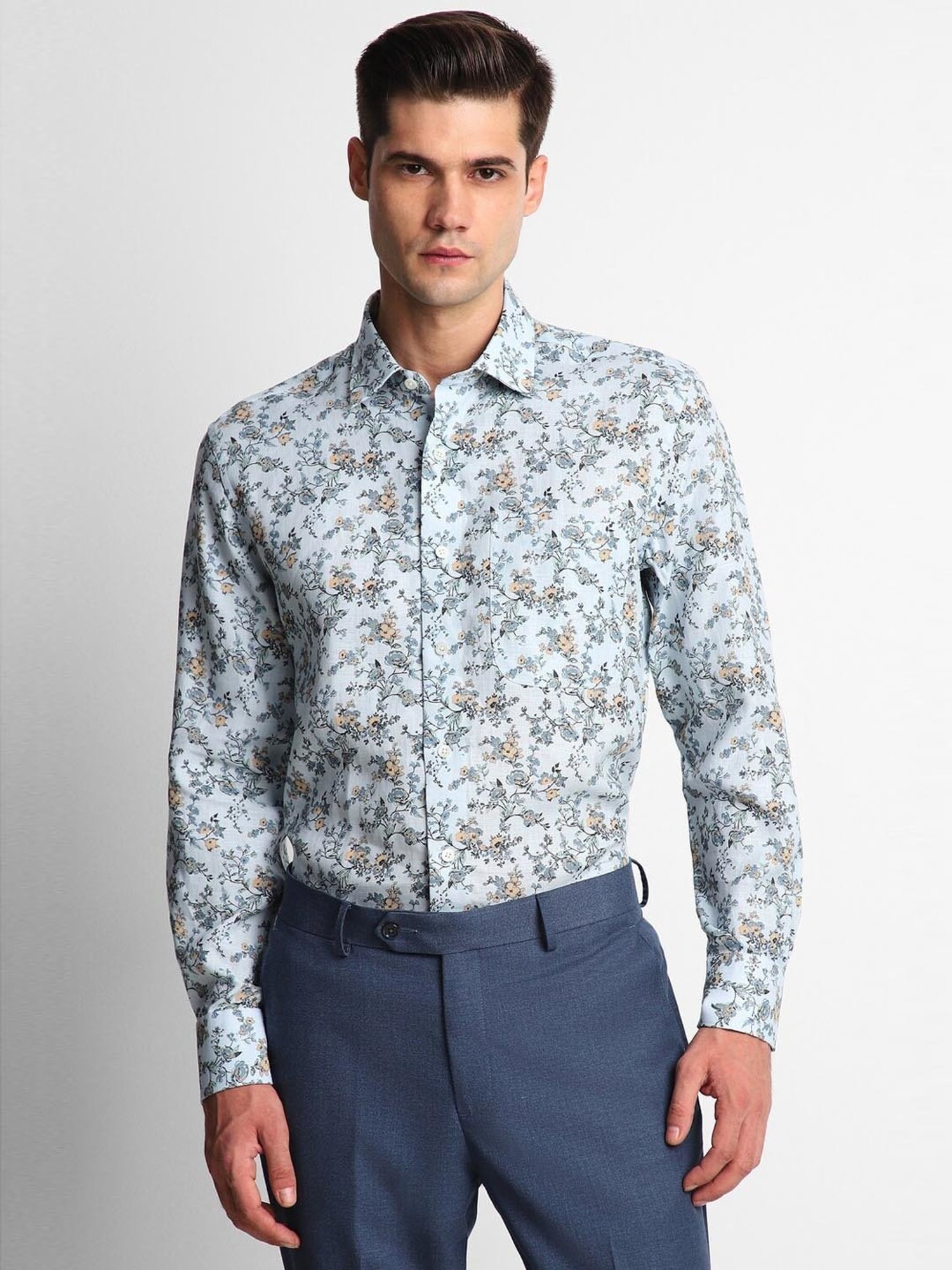 Luxure By Louis Philippe Blue Linen Regular Fit Printed Shirt