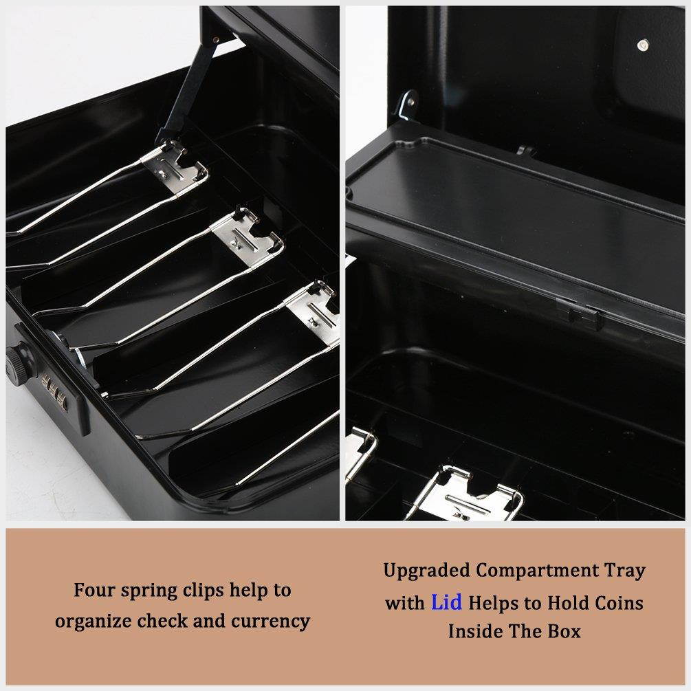 Jssmst Locking Large Metal Cash Box with Money Tray, Money Box with Combination Lock, Black
