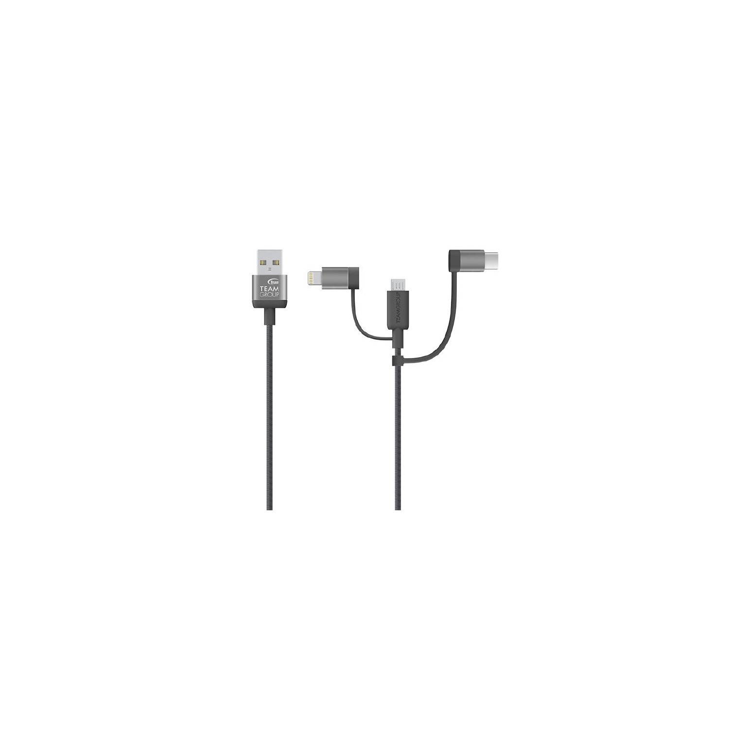 TEAMGROUP Apple MFi certified 3 in 1 Charging Cable WC0C USB2.0 Micro B Lightning USB2.0 Type C 3.3 ft  Gray