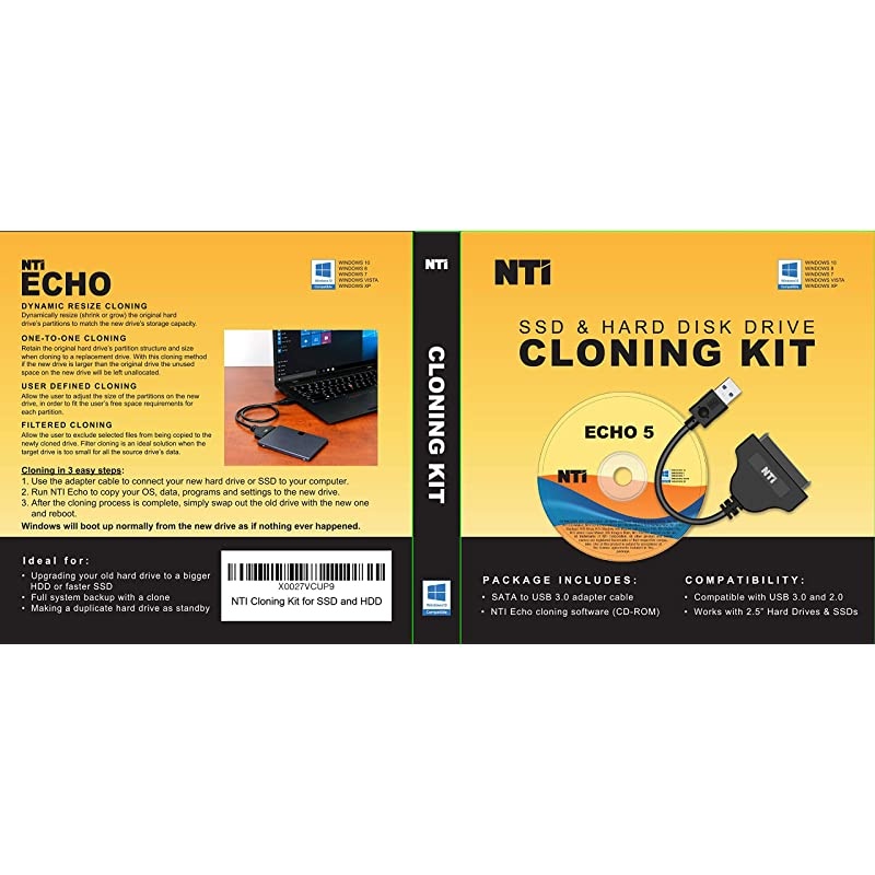 Cloning Kit for SSD and Hard Disk Drives | New Version | Best Hard Drive Upgrade Kit | Echo Cloning Software and Advanced HighSpeed SATAtoUSB 3020 Adapter Cable Included