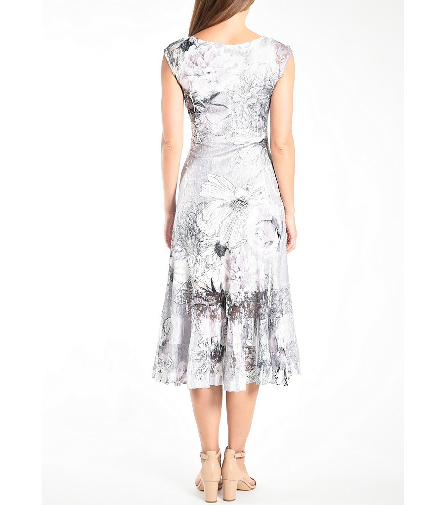 Komarov V-Neck Sleeveless Floral Print Charmeuse Midi Dress