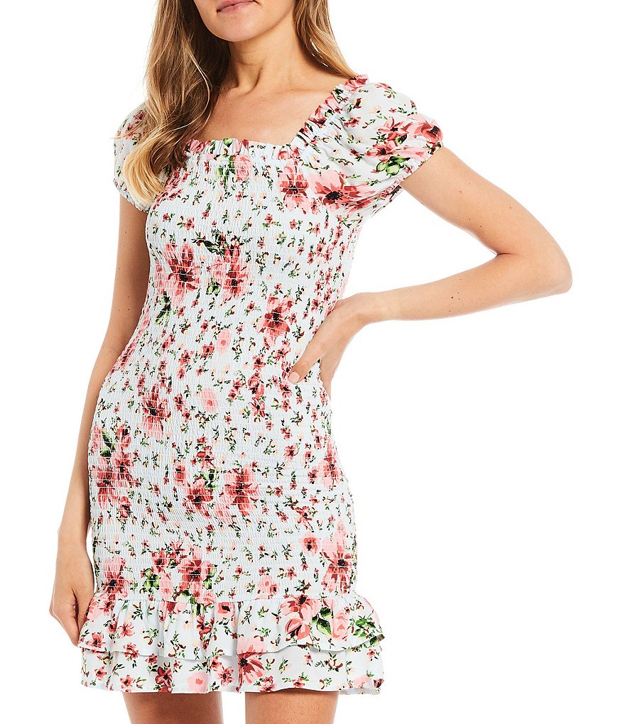 Midnight Doll Short Puff Sleeves Smocked Bodice Floral Print Dress