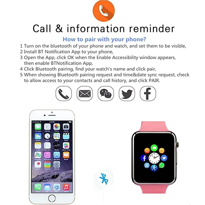 Watch Bluetooth Watch Phone with SD Card Pedometer Call Text Notification Music Player Camera Compatible for Android Samsung Huawei and iPhone Partial Functions for Women Ladies Girls