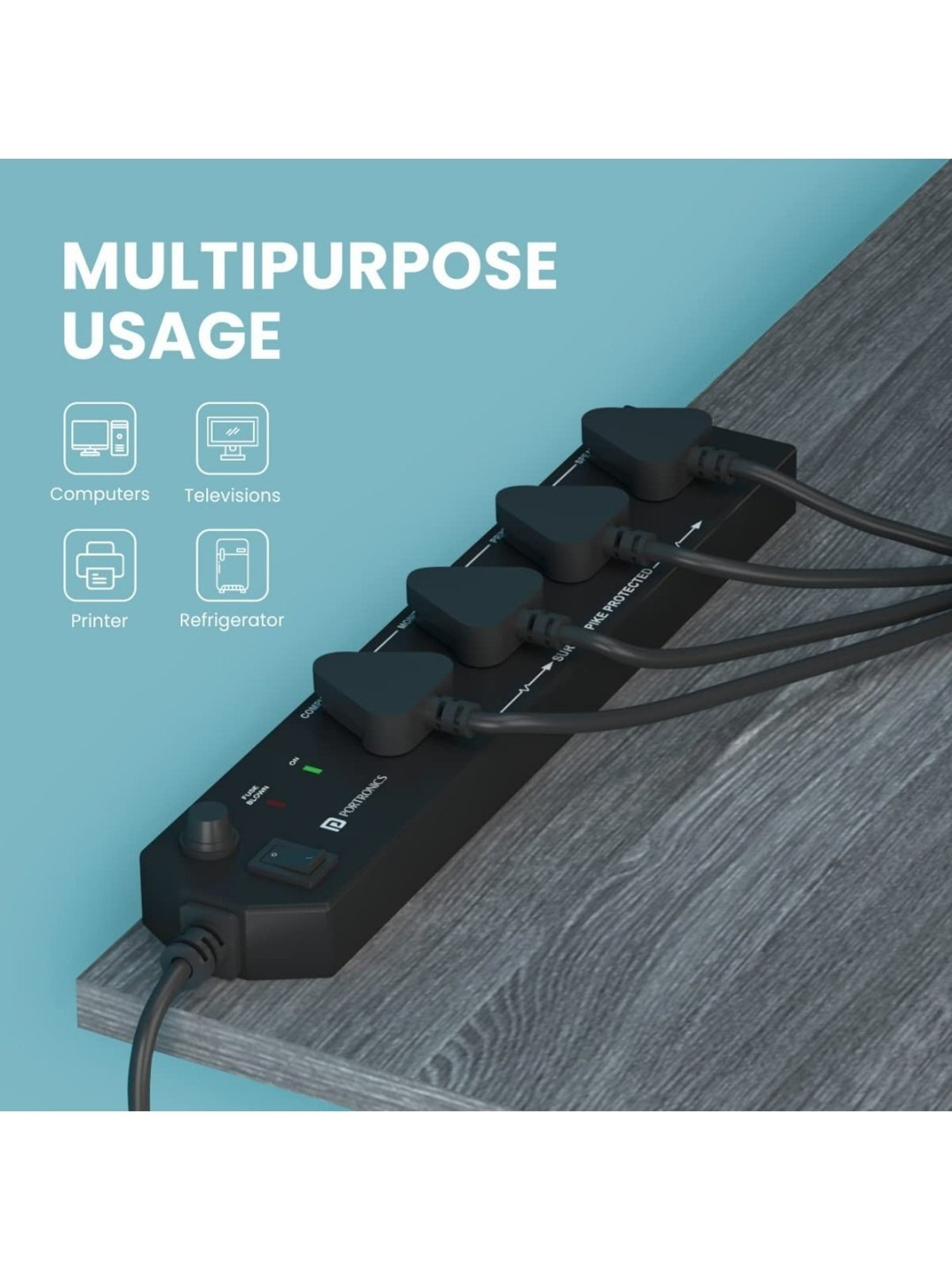 Portronics Power Plate 10 1500W Power Converter with 4 Power Sockets, 3M Cord Length (Black)