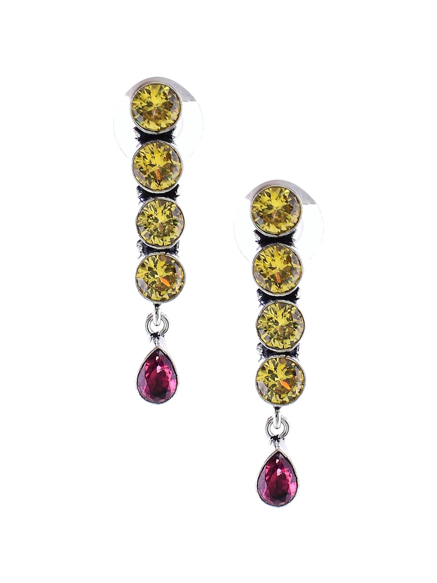 Imli Street Yellow-Pink Silver Tone Stone-Studded Handcrafted Dangler Earrings
