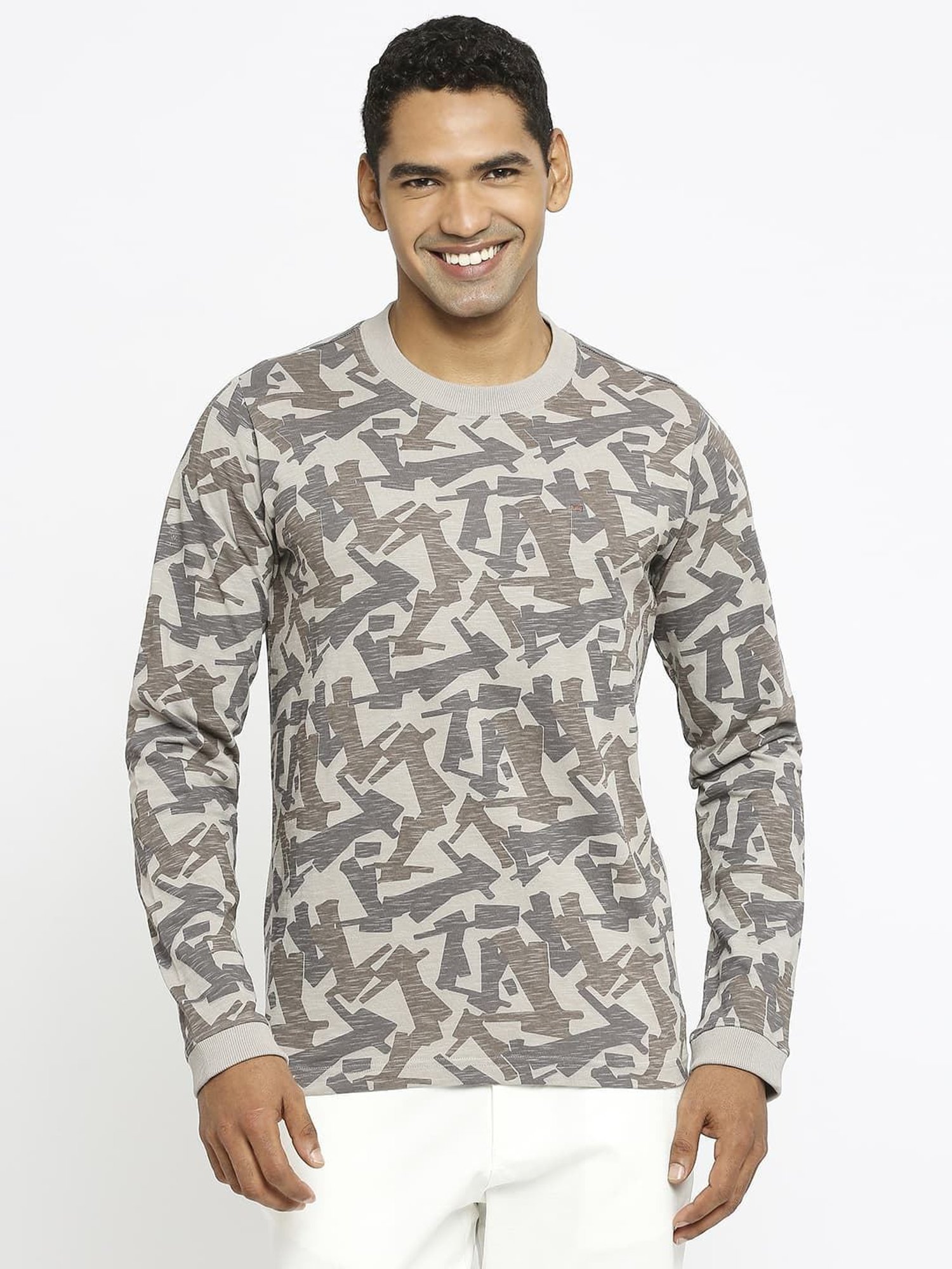 Basics Grey Cotton Muscle Fit Printed T-Shirt