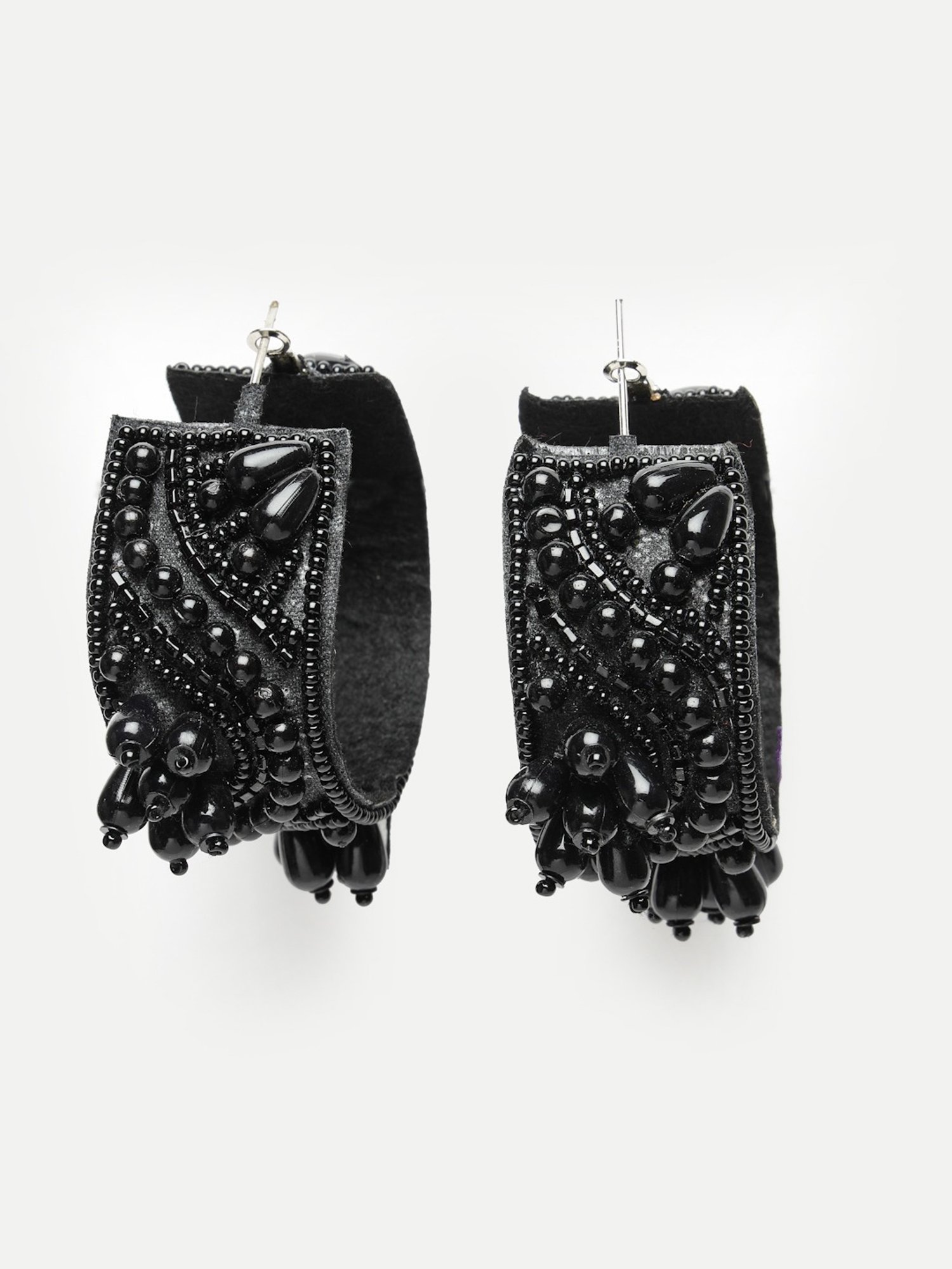 Moedbuille Black Beads and Pearls Contemporary Tassel Silver Plated Handcrafted Earrings