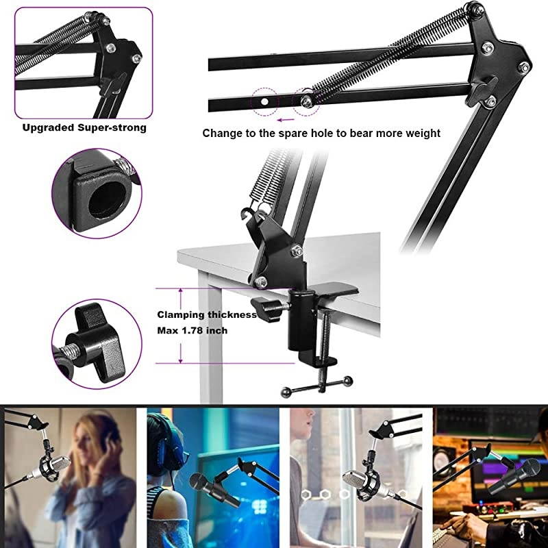 Microphone Suspension Stand Adjustable Boom Scissor Arm Stand with Shock Mount Mic Clip Holder 38 to 58 Screw Adapter Pop Filter and Foam Windscreens Radio Broadcasting and Recording