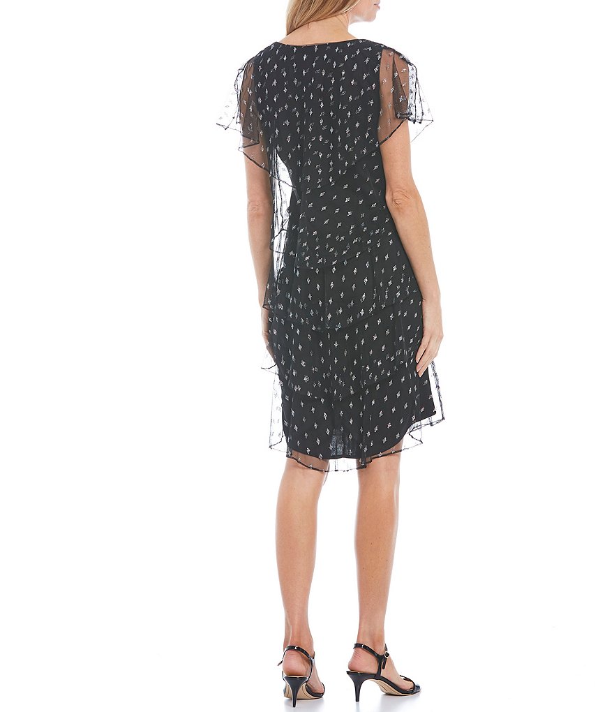 Ignite Evenings Metallic Dot V-Neck Short Sleeve Tiered Sheath Dress