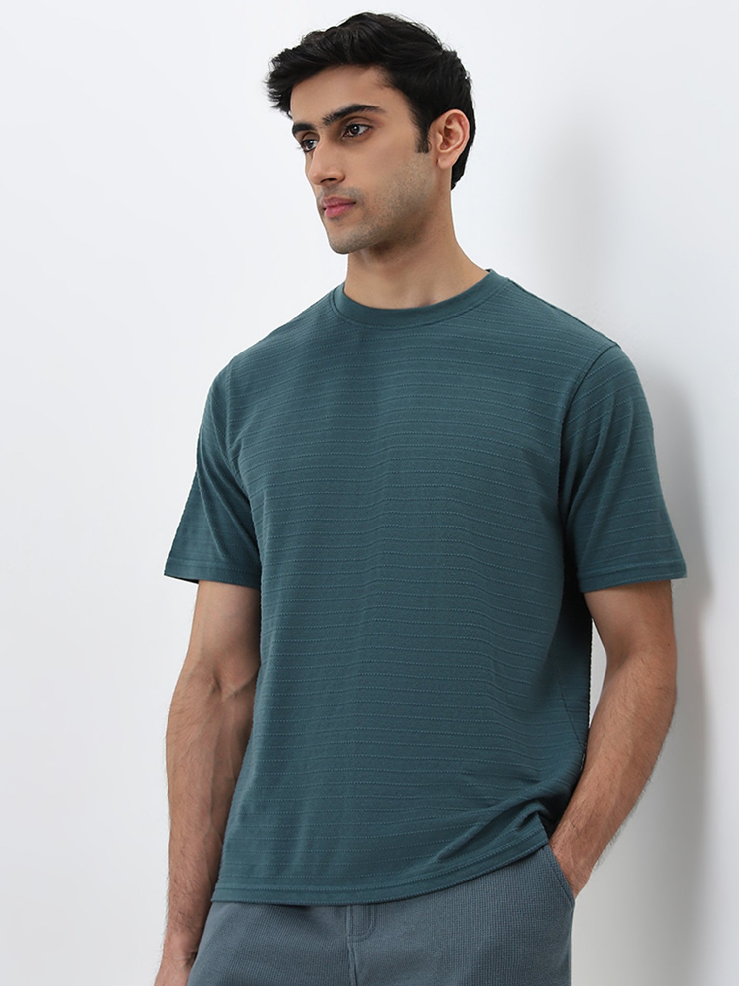 WES Lounge by Westside Dark Sage Self-Stripe Relaxed-Fit Cotton T-Shirt
