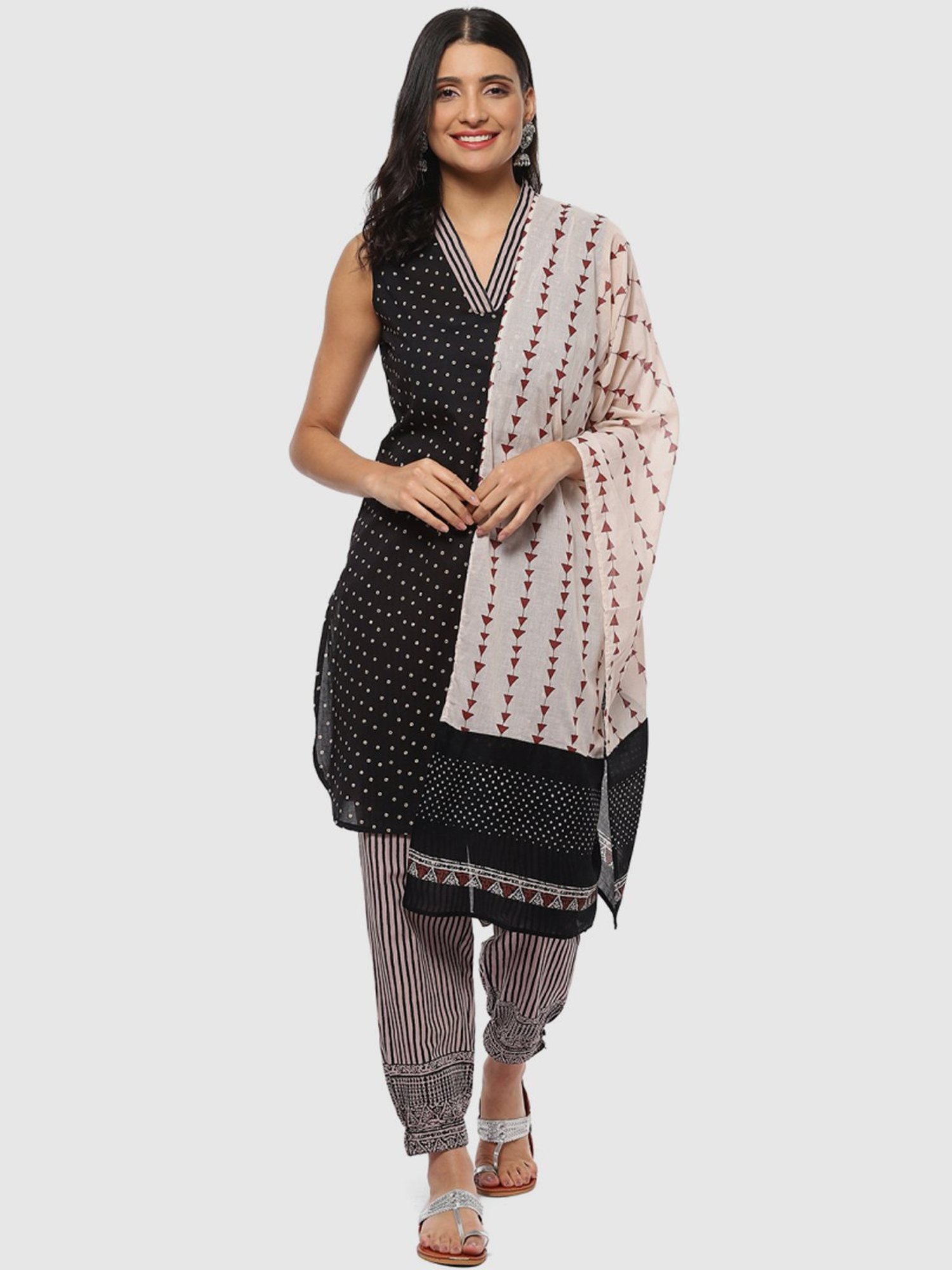 Biba Black & White Cotton Printed Kurta Salwar Set With Dupatta