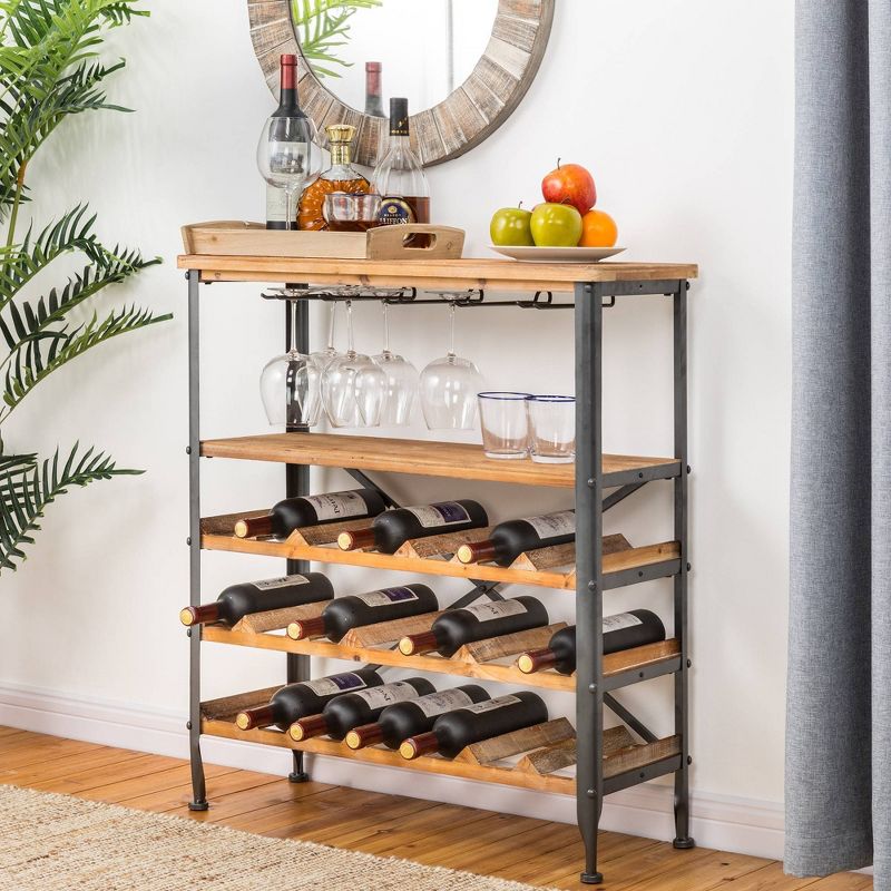Vintage Floor Wine Bottle and Glass Rack Natural - Glitzhome