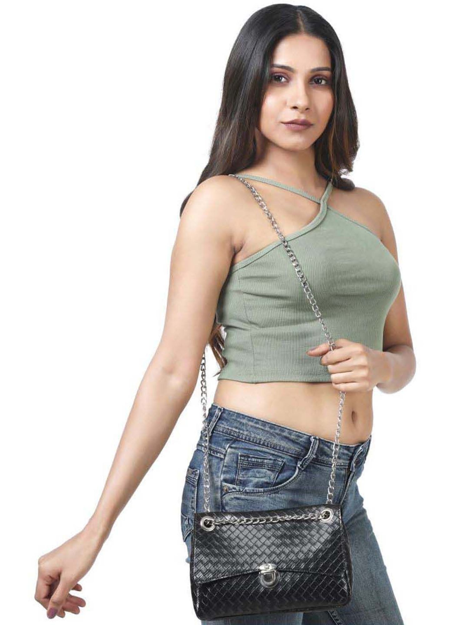 Toteteca Black Textured Medium Sling Handbag