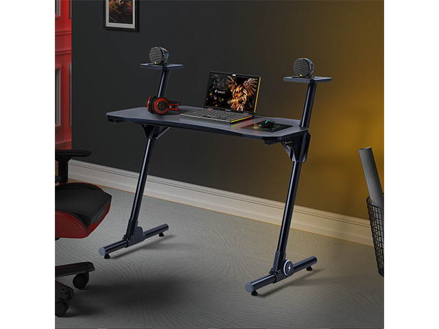 Home Office Gaming Desk Computer Desk Z-Shaped PC Desk Workstation with Carbon Fiber Surface and Headphone Hook,Black,GT21