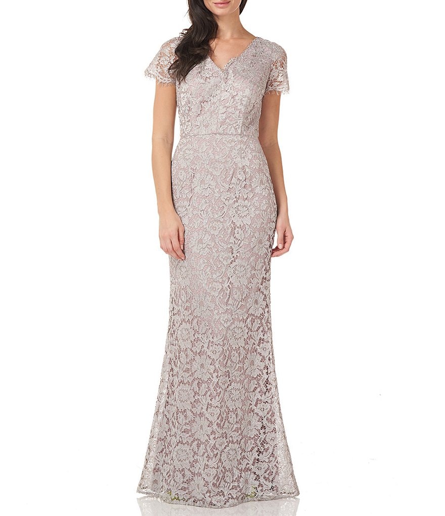 JS Collections Metallic Lace V-Neck Flutter Cap Sleeve Mermaid Gown