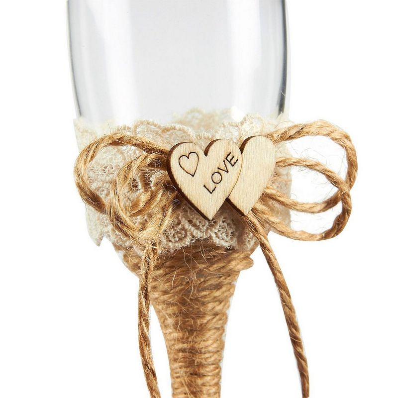 4-Piece Wedding Supplies Set: Cake Knife, Pie Server Set & 2 Toasting Champagne Glasses Flutes, Jute Decorated Handles for Rustic & Country Theme