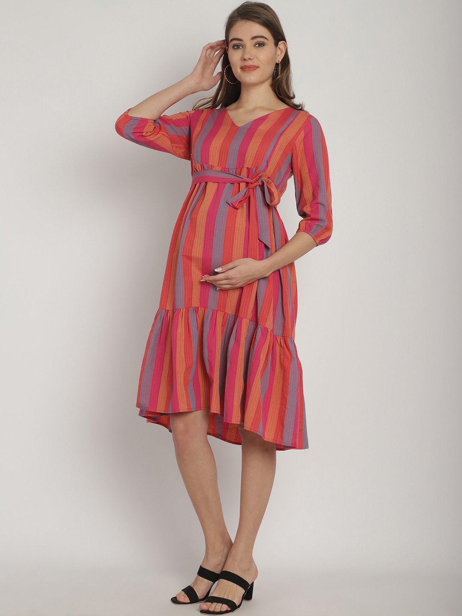 Moms Maternity Multicolor Striped Maternity Midi Dress