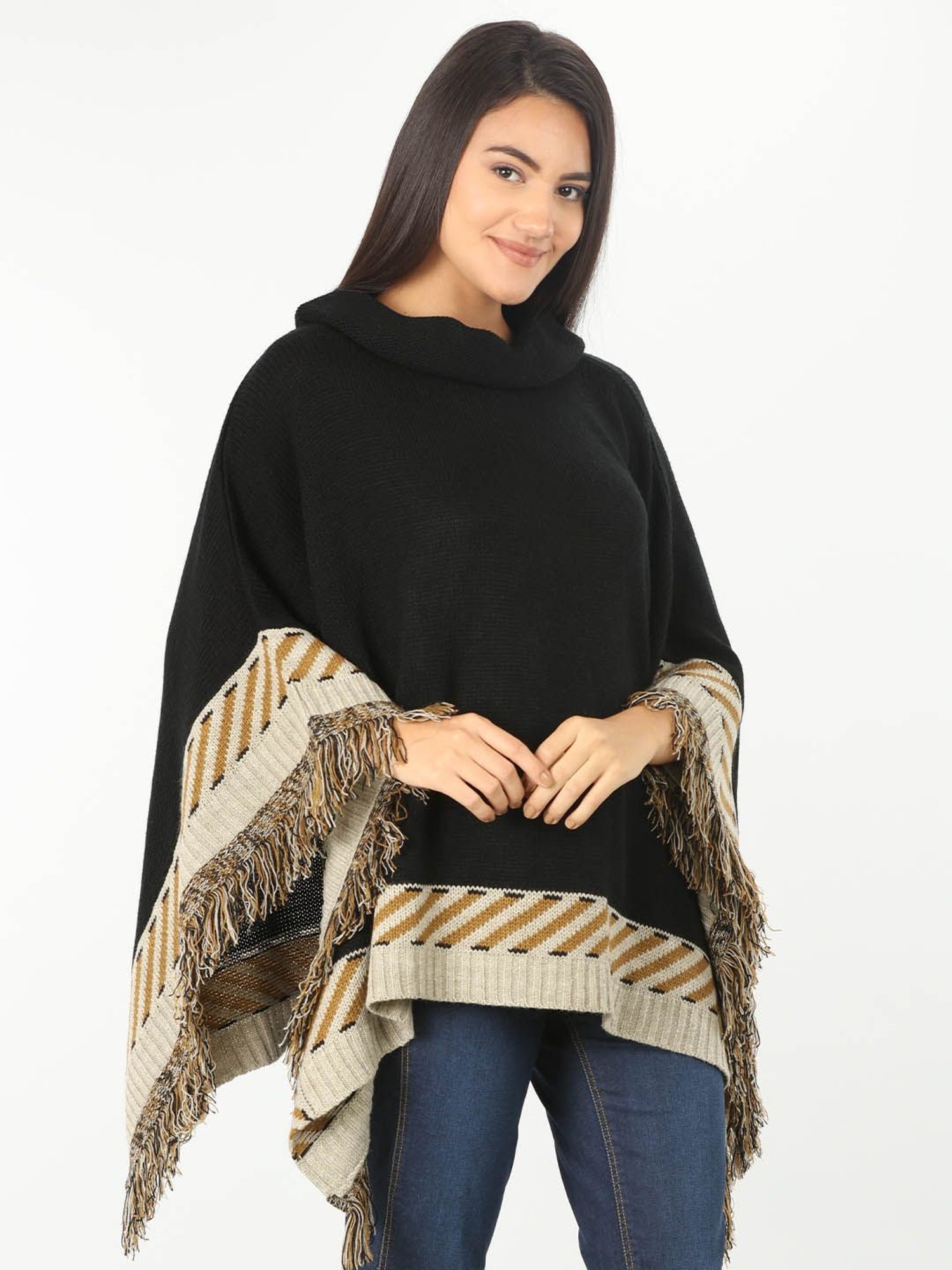 Mustard Black Regular Fit Poncho