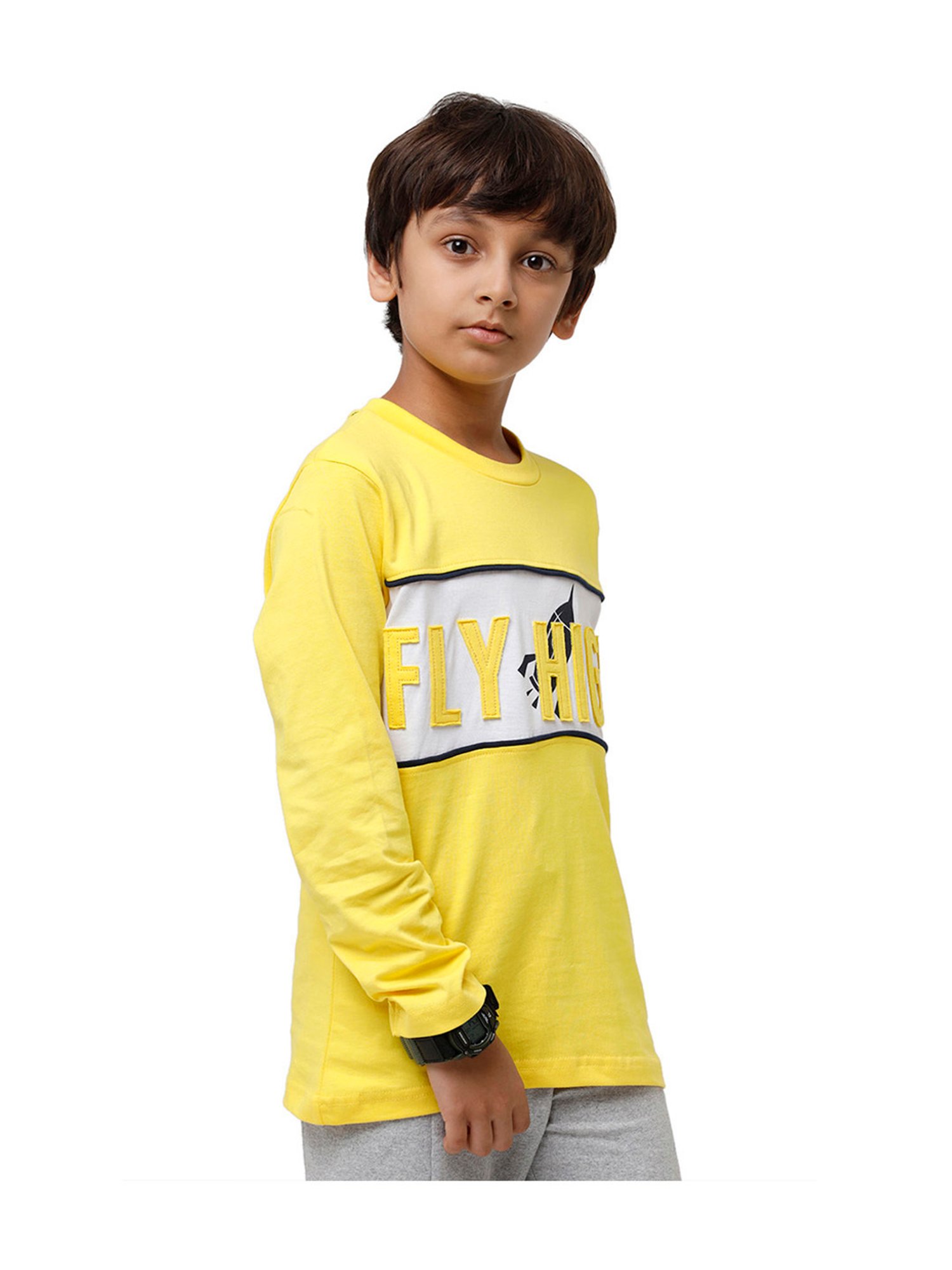 Under Fourteen Only Kids Yellow & White Applique Full Sleeves T-Shirt