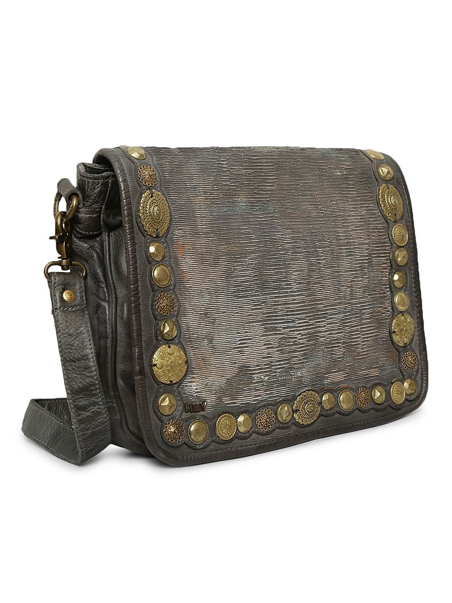 Art N Vintage Silvia Grey Leather Embellished Medium Sling Handbag