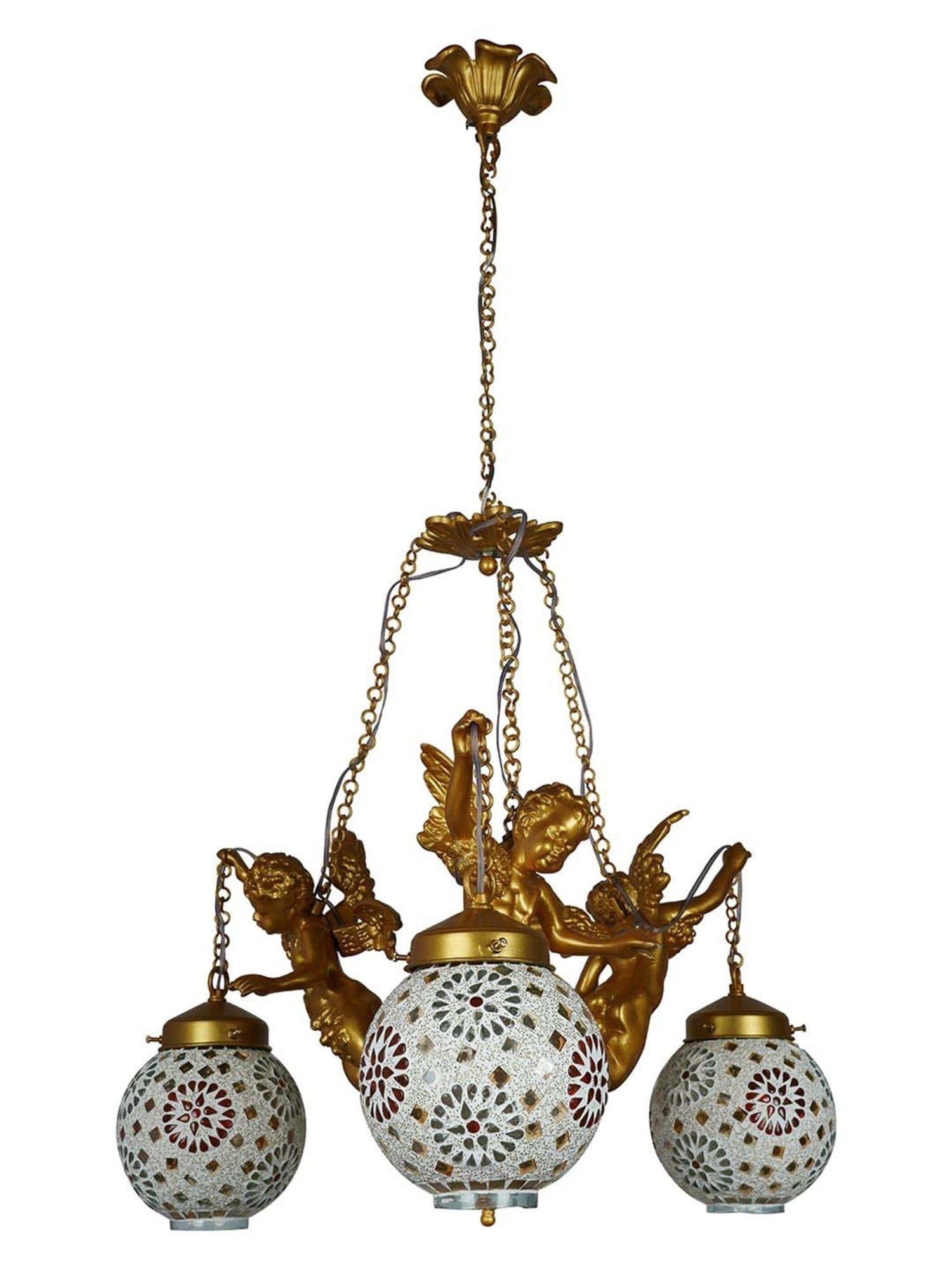 FOS LIGHTING White & Golden Aluminium 3-In-1 Cherub Chandelier With Glass Shade